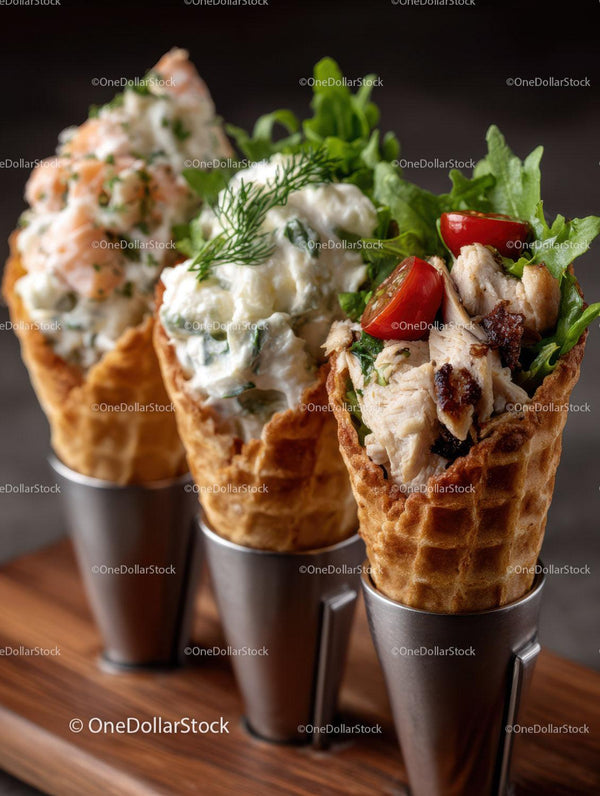 Ice Cream Cones with Chicken, Fresh Tomatoes and Greens in Waffle Cones