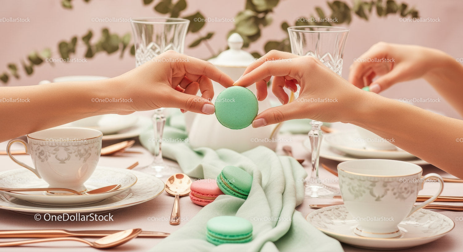 Elegant Pastel Tea Party with Macarons and Crystal Glasses