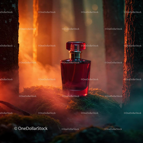 Elegant Red Perfume Bottle in Mystical Forest Setting JPG Mockup Image