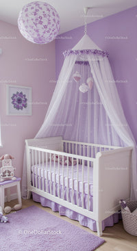 Pink and Purple Baby Nursery with Canopy Bed and Plush Decor