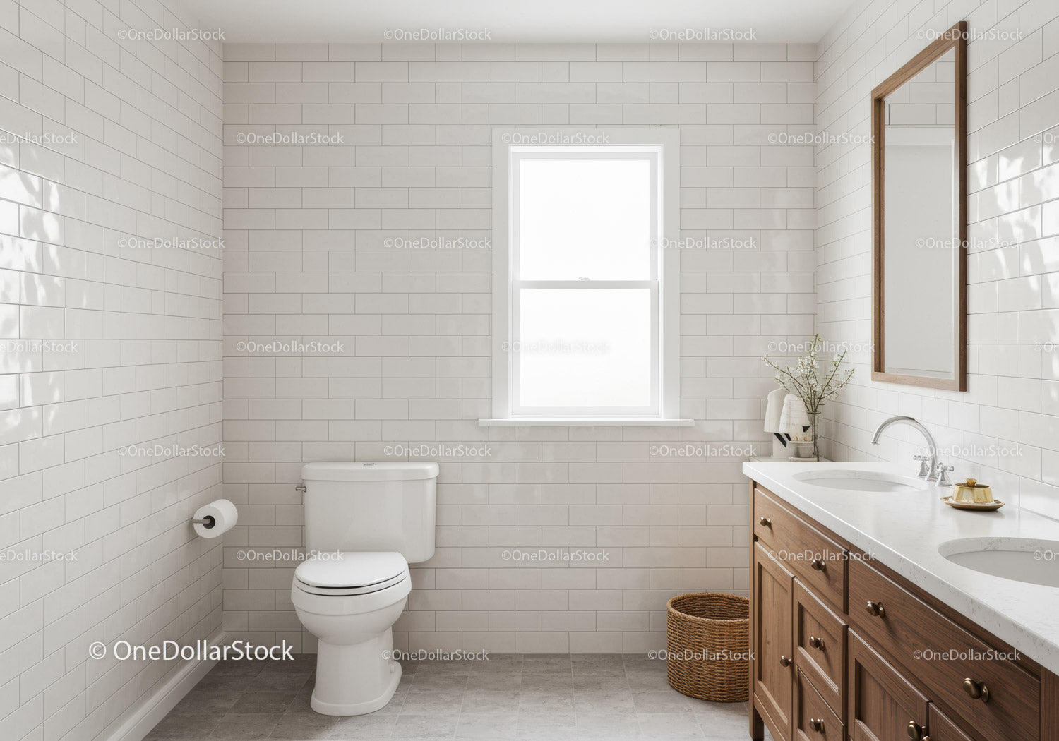 Bright Modern Bathroom with White Subway Tiles and Wooden Vanity