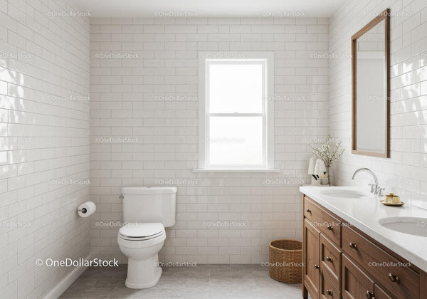 Bright Modern Bathroom with White Subway Tiles and Wooden Vanity