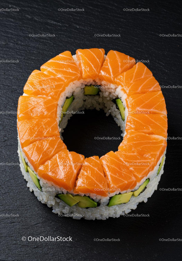 Świeży pierścień sushi z łososiem, awokado i ryżem