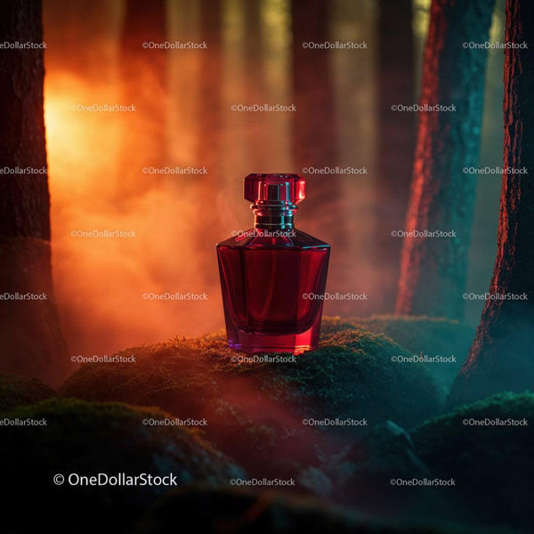 Red Perfume Bottle in Mystic Forest with Vibrant Lighting JPG Mockup Image