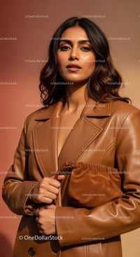 Stylish Woman Wearing Brown Leather Jacket in Modern Fashion Portrait