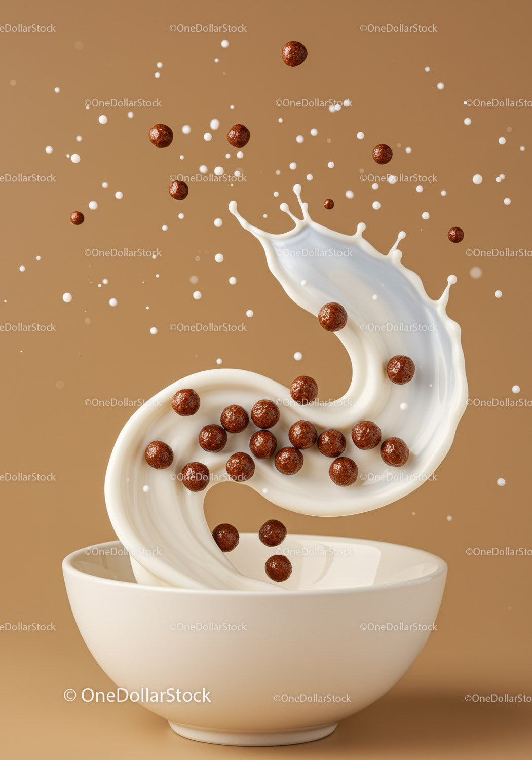 Splash of milk and chocolate cereal balls in bowl