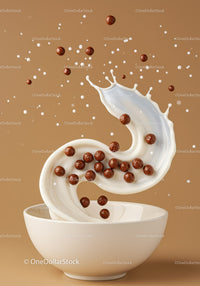 Splash of milk and chocolate cereal balls in bowl
