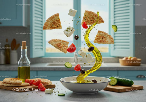 Mediterranean salad ingredients floating above bowl