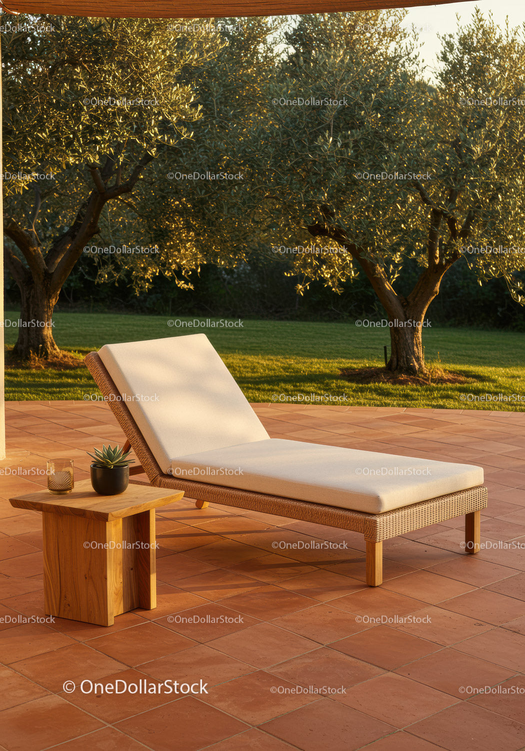 Sunlit Outdoor Lounge Chair with Wooden Side Table in Garden