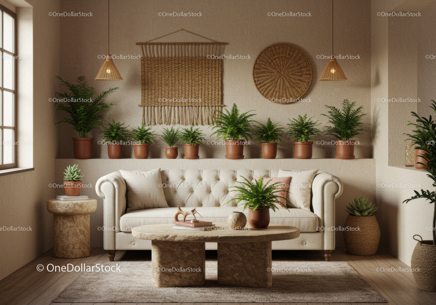 Przytulny salon z beżową sofą i bujną zieloną roślinnością