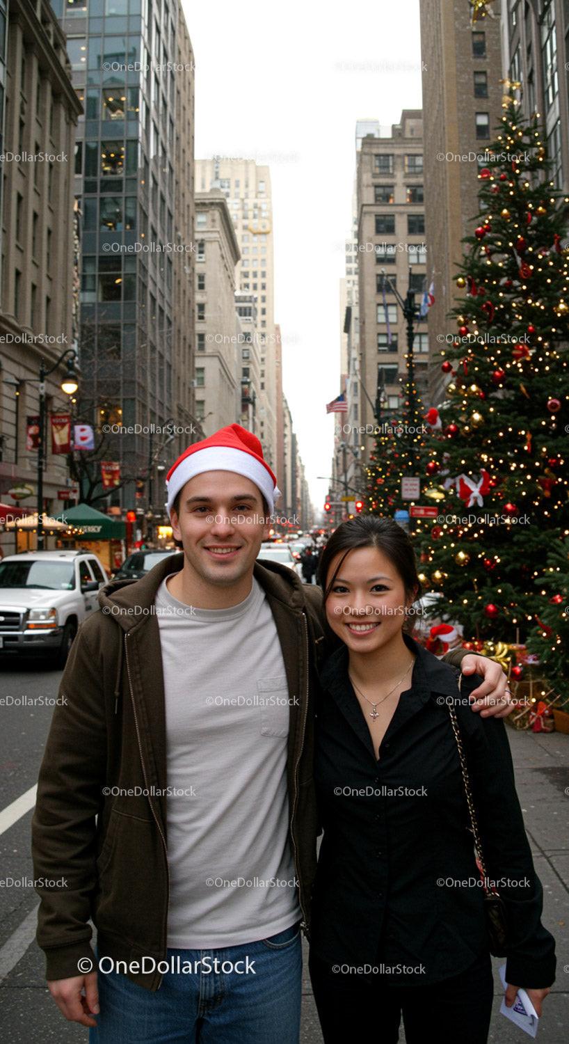 Happy Couple Enjoying Festive City Christmas Street