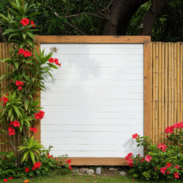 Empty white wooden board surrounded by vibrant red flowers JPG Mockup Image