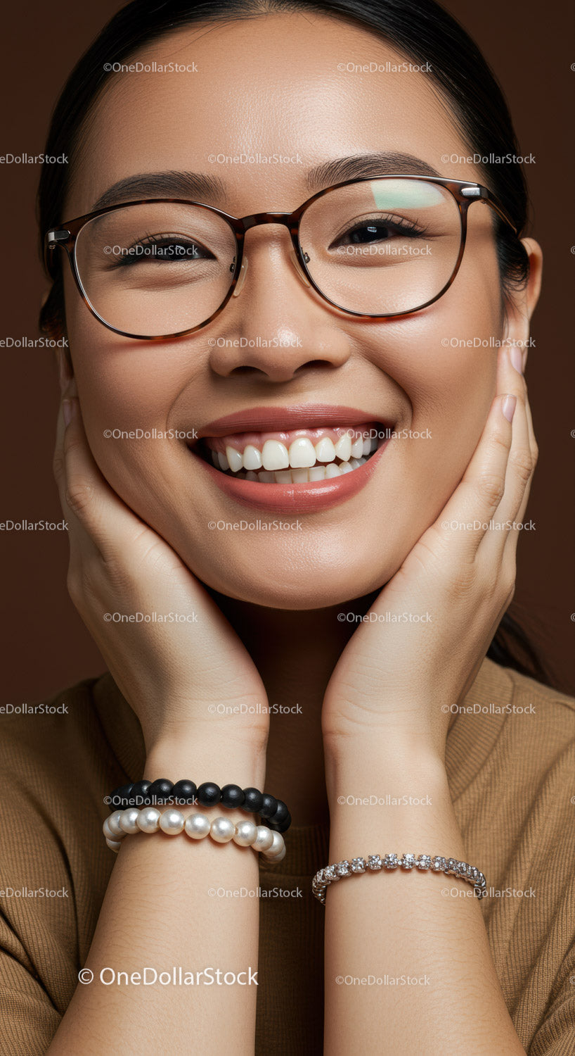Happy woman with glasses smiling and wearing bracelets