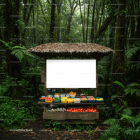 Fresh tropical fruits stand in lush green forest market