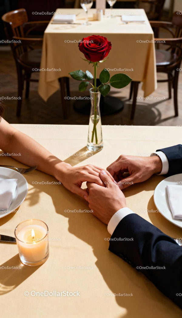 Couple holding hands at romantic dinner table with rose