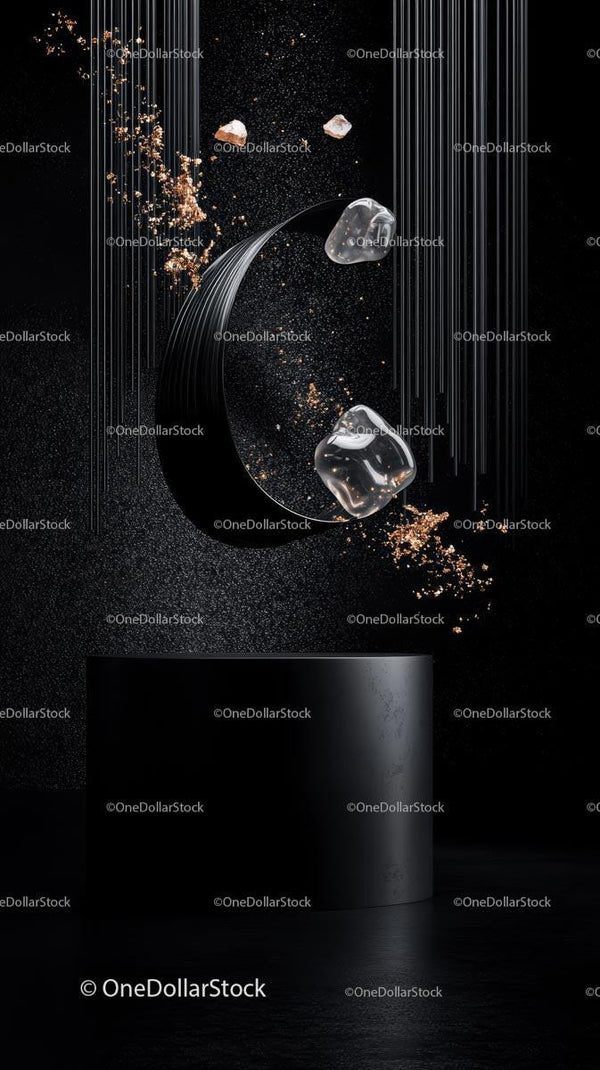 Minimalist Abstract Art with Floating Rocks and Glass Particles