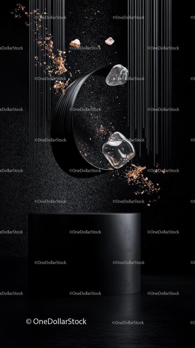 Minimalist Abstract Art with Floating Rocks and Glass Particles