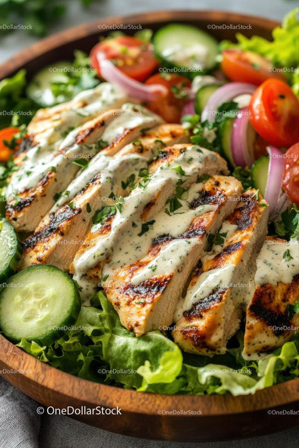 Grilled Chicken Salad with Fresh Vegetables and Herb Sauce