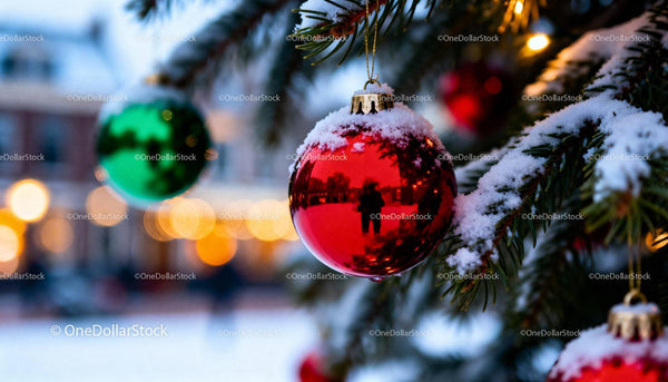 Snow-Covered Christmas Ornaments on Pine Tree Branch