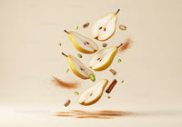 Fresh pear halves with cinnamon and pistachios floating on beige