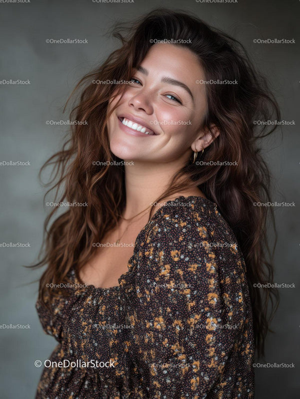 Smiling Woman with Curly Hair in Floral Print Blouse Portrait
