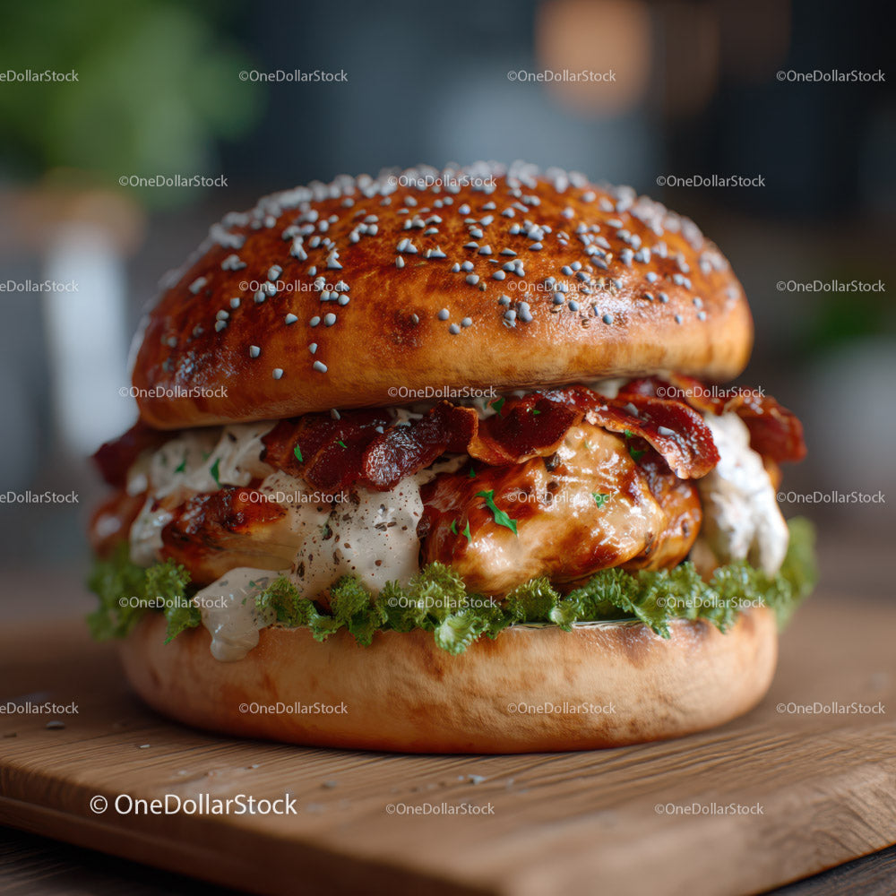 Delicious Gourmet Burger with Grilled Chicken and Crispy Bacon