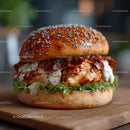 Delicious Gourmet Burger with Grilled Chicken and Crispy Bacon