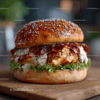 Delicious Gourmet Burger with Grilled Chicken and Crispy Bacon