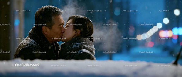 Couple sharing a warm kiss in snowy winter night
