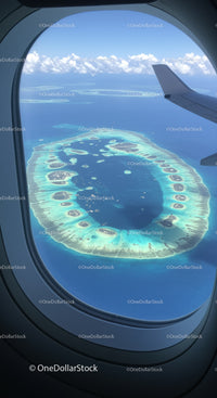 Aerial View of a Tropical Island with Overwater Bungalows and Clear Blue Water