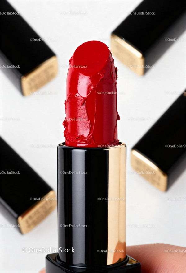 Close-up of Bold Red Lipstick with Black and Gold Case