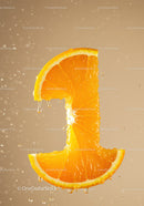 Fresh orange slice shaped as number one with drops