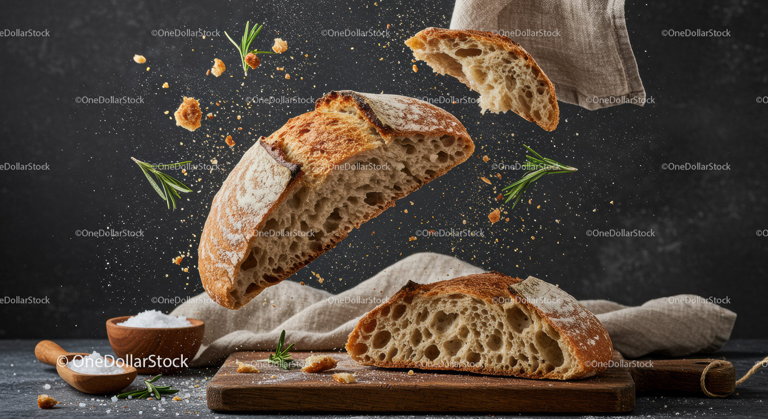 Rustic artisan bread with fresh rosemary and salt