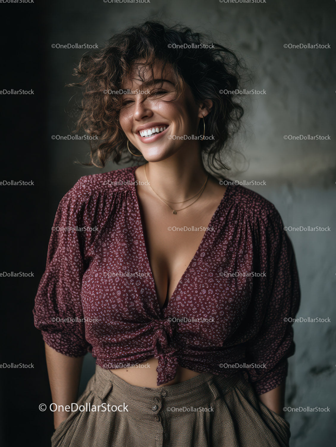 Smiling Woman in Casual Outfit With Curly Hair and Bright Expression