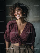 Smiling Woman in Casual Outfit With Curly Hair and Bright Expression