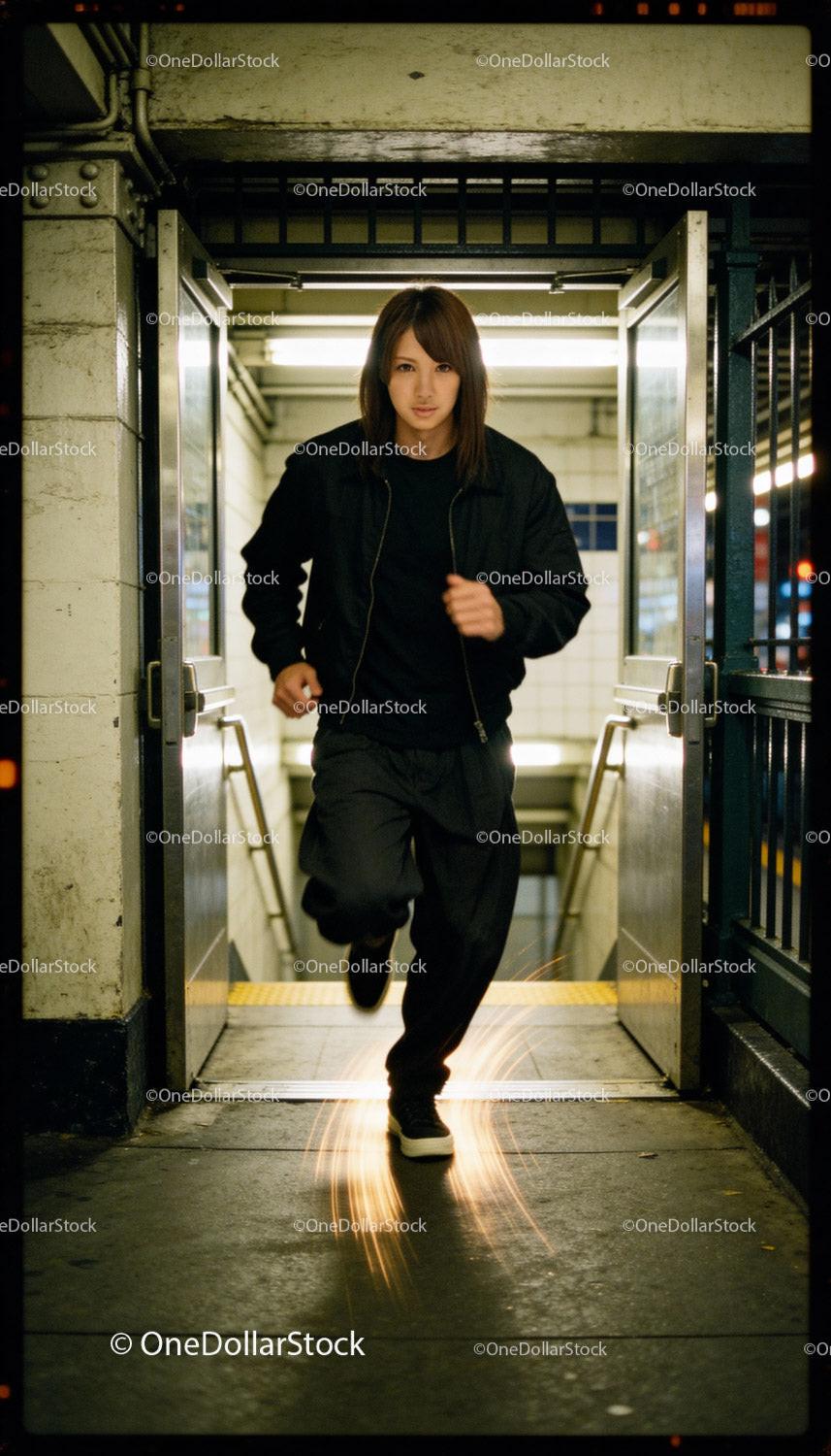 Young woman running out of urban subway station
