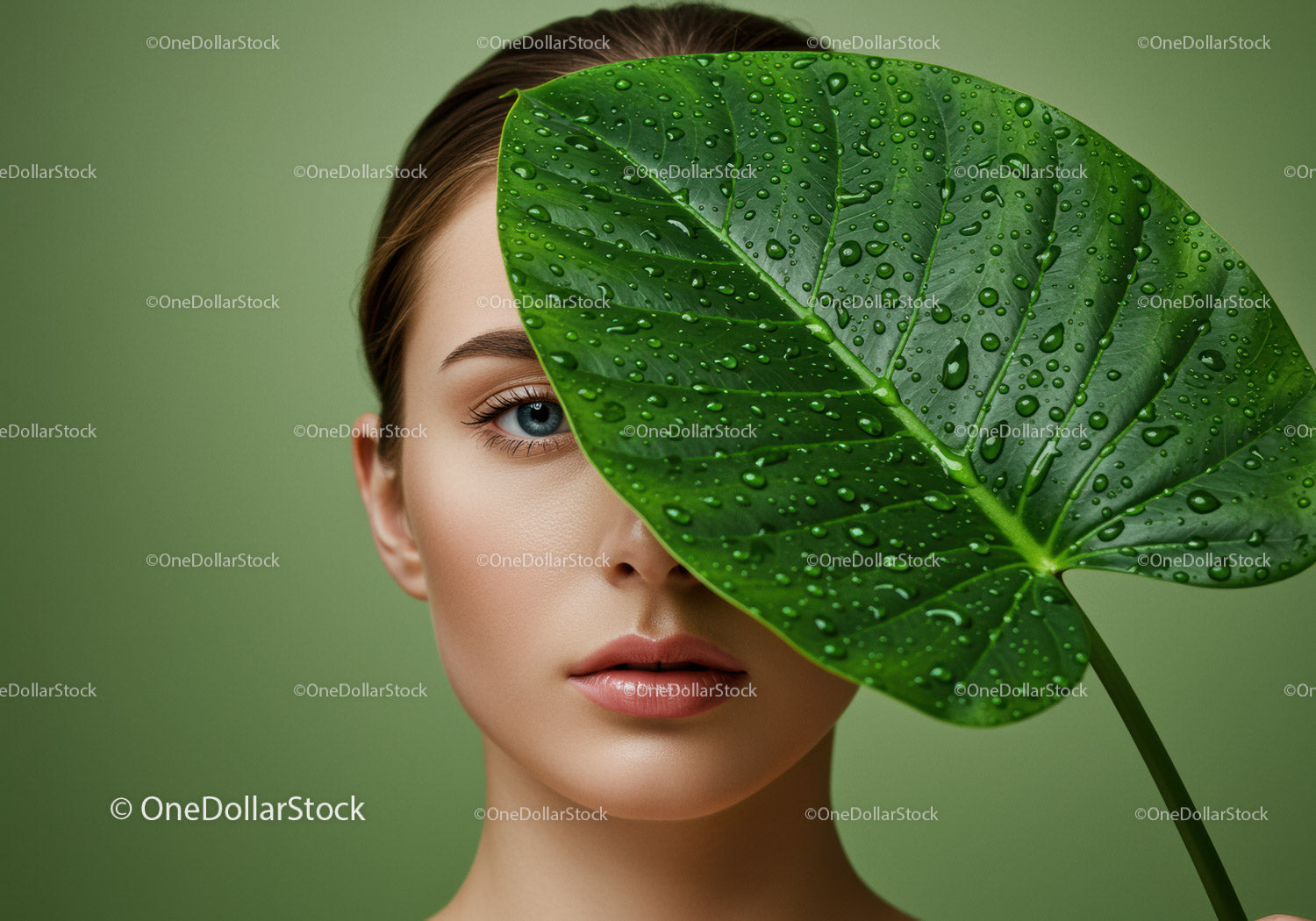 Close-up of Young Woman with Large Green Leaf in Natural Beauty Scene