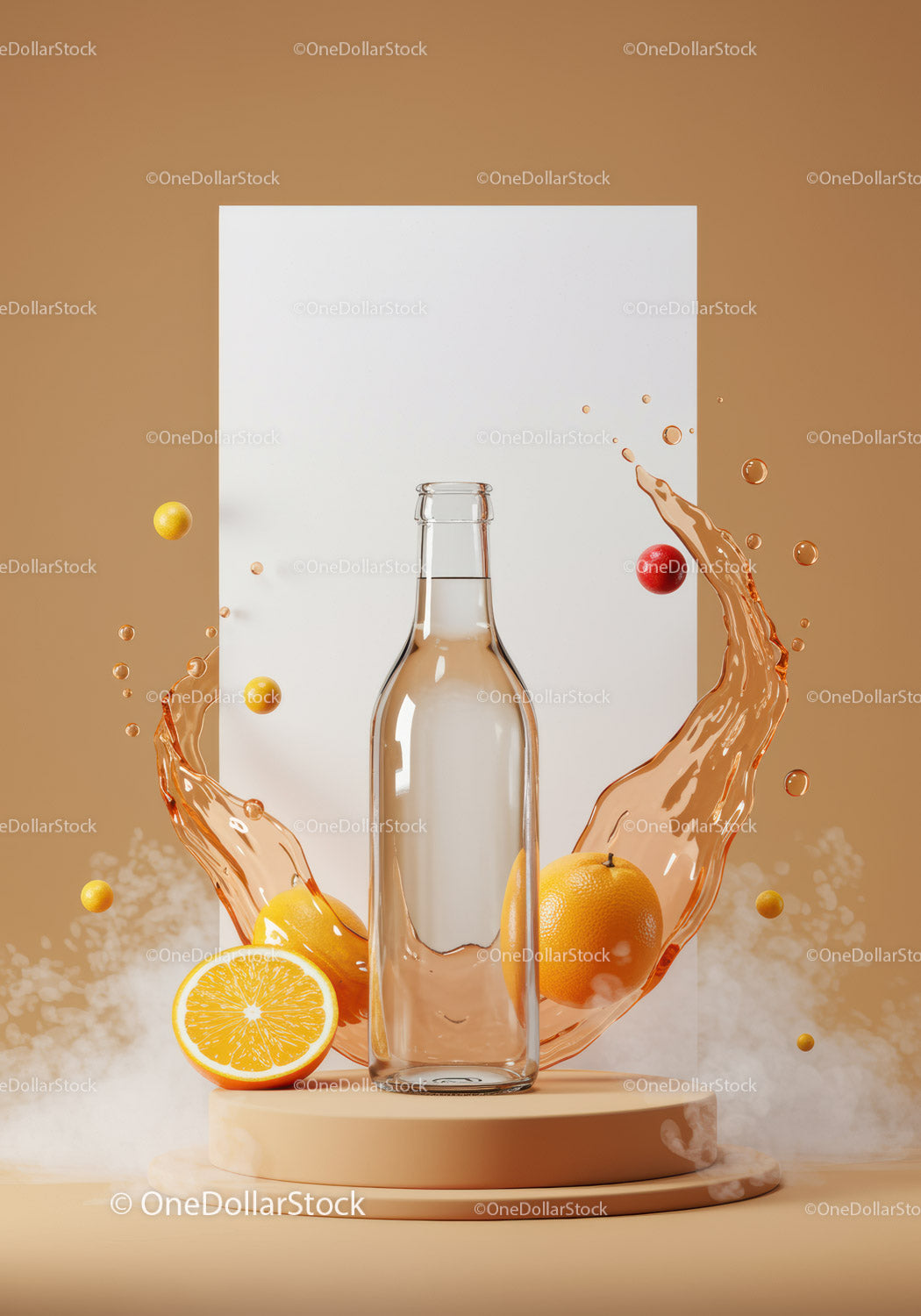 Glass Bottle with Fresh Orange Splash and Citrus Fruits