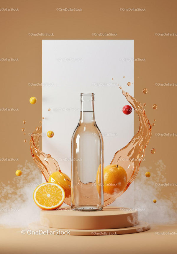 Glass Bottle with Fresh Orange Splash and Citrus Fruits