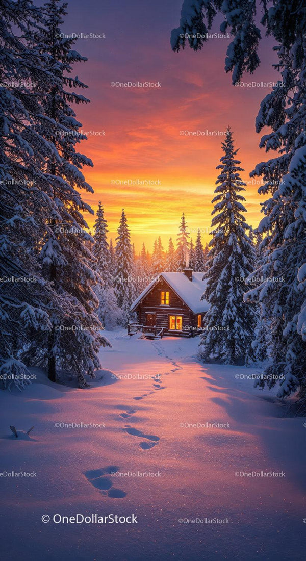Cozy Cabin Glow in Snowy Forest at Sunset