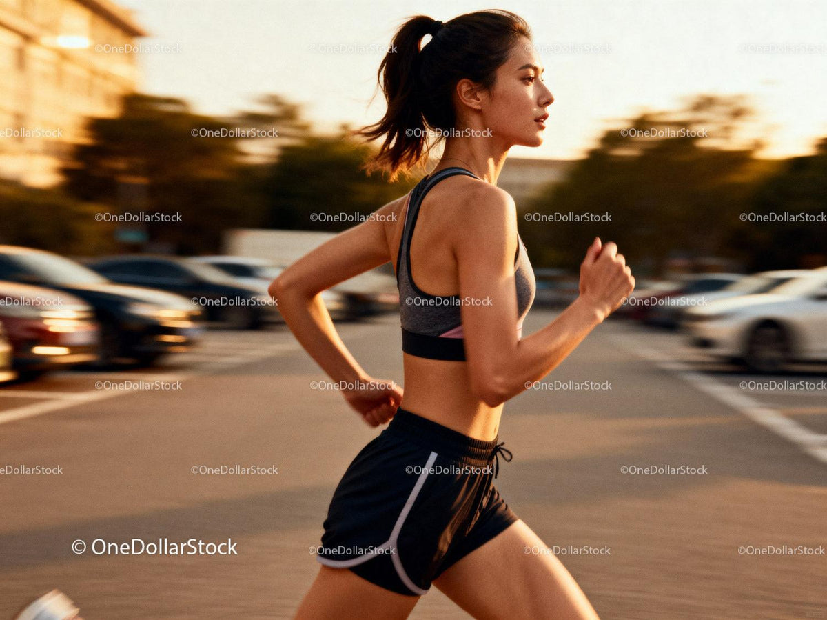Focused young woman running outdoors at sunset