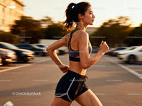 Focused young woman running outdoors at sunset