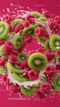 Fresh Raspberries and Kiwi Slices Splashing with Milk on Pink Background