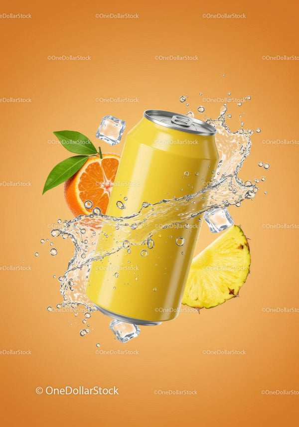Refreshing Yellow Beverage Can with Tropical Fruits Splash JPG Mockup Image