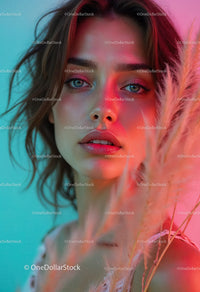 Vibrant Summer Portrait of a Young Woman with Blue Eyes and Wavy Hair