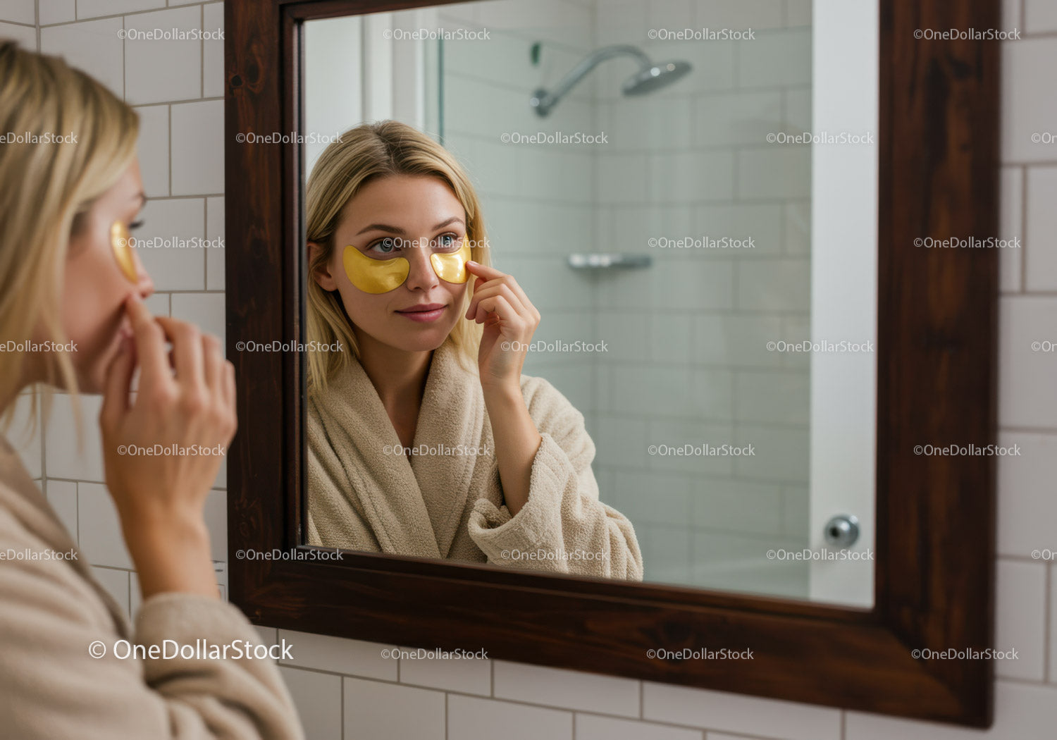 Blonde Woman with Eye Patches Doing Skincare Routine in Bathroom