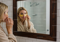 Blonde Woman with Eye Patches Doing Skincare Routine in Bathroom