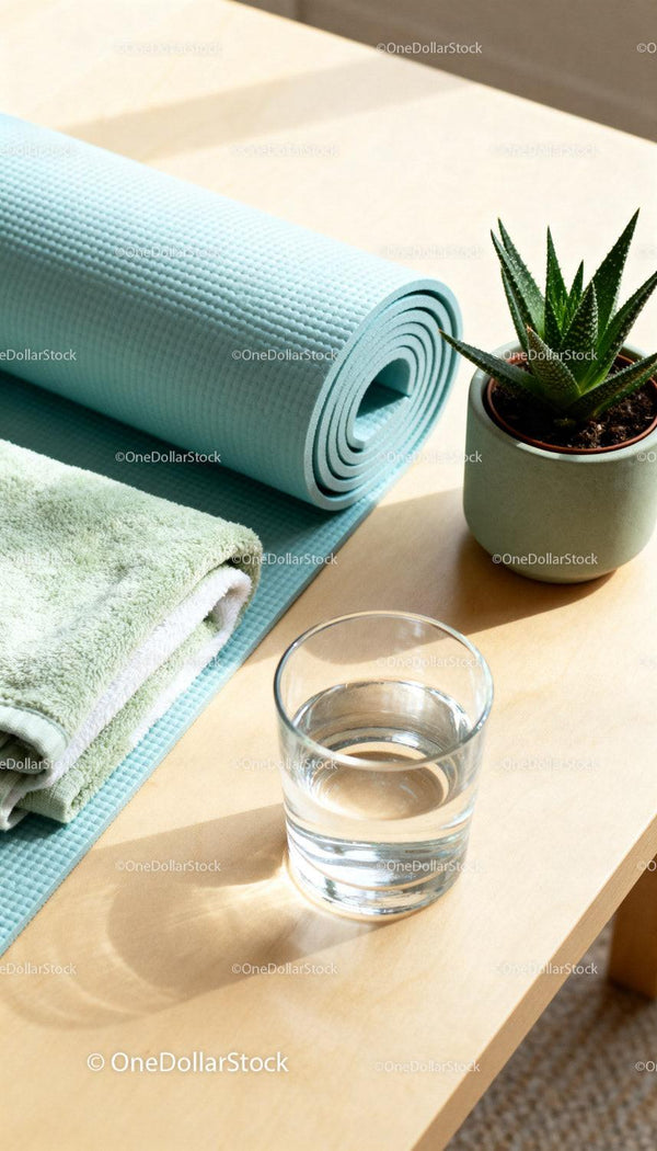 Rolled Blue Yoga Mat with Towel and Glass of Water