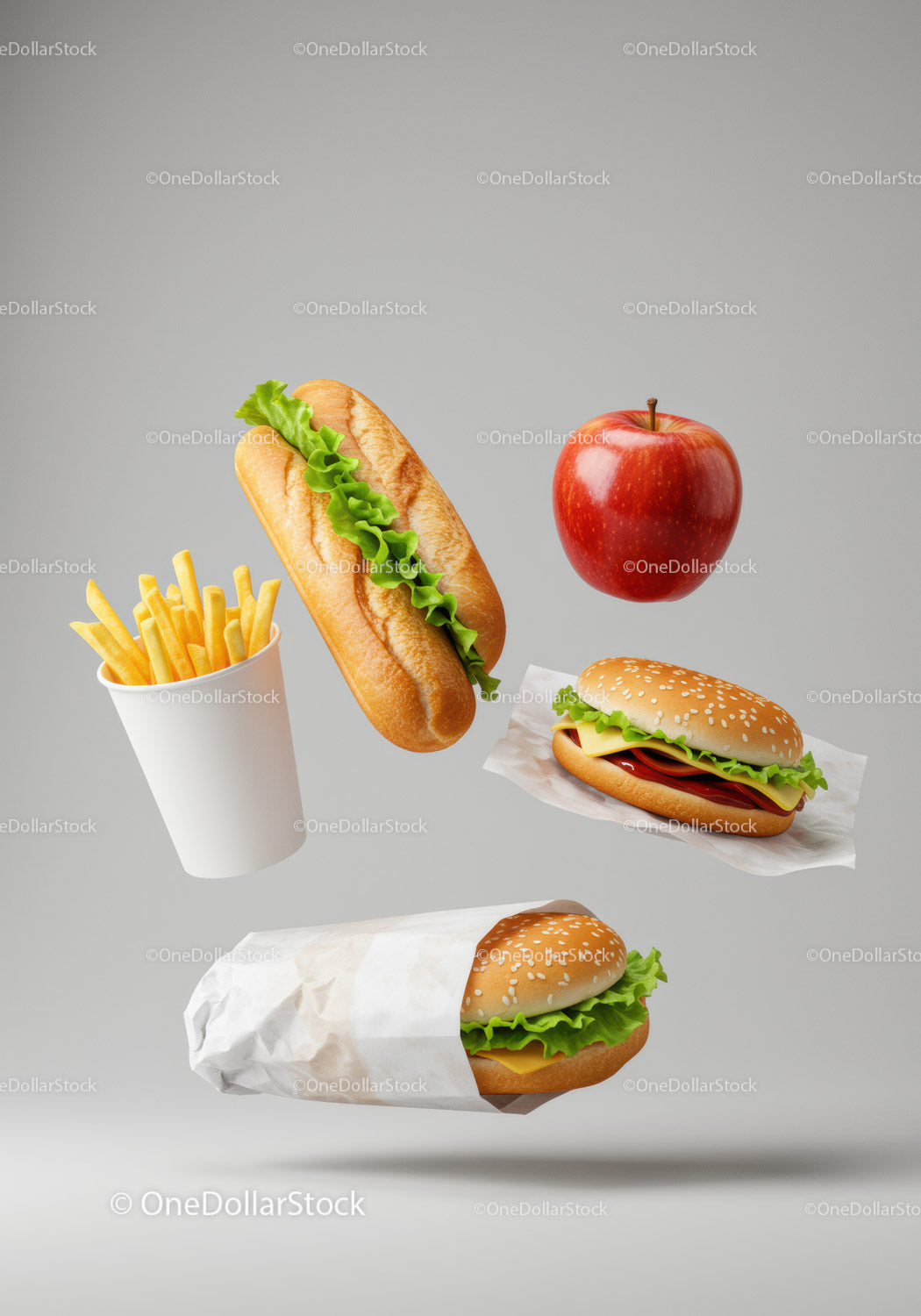 Classic Fast Food Items with Fresh Red Apple