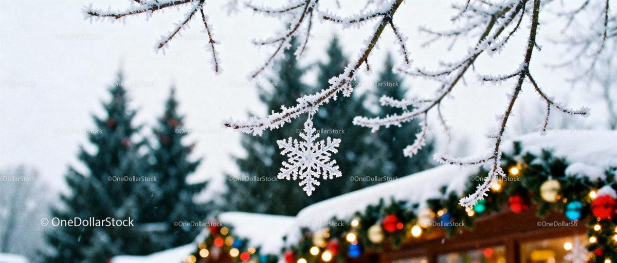 Frosted Snowflake Ornament Hanging on Winter Branch